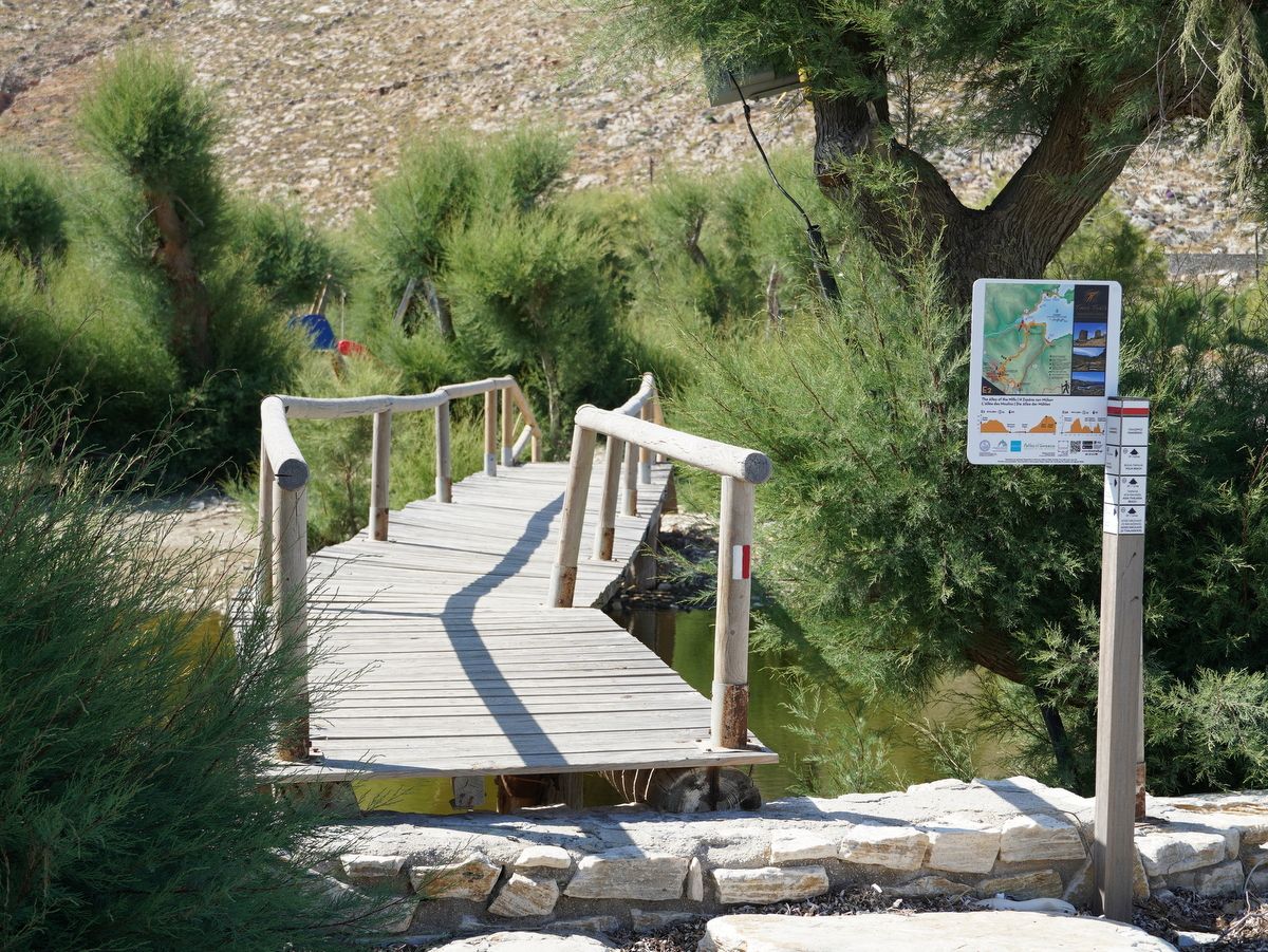 Tinos Trails Trailhead sign Panormos Bridge